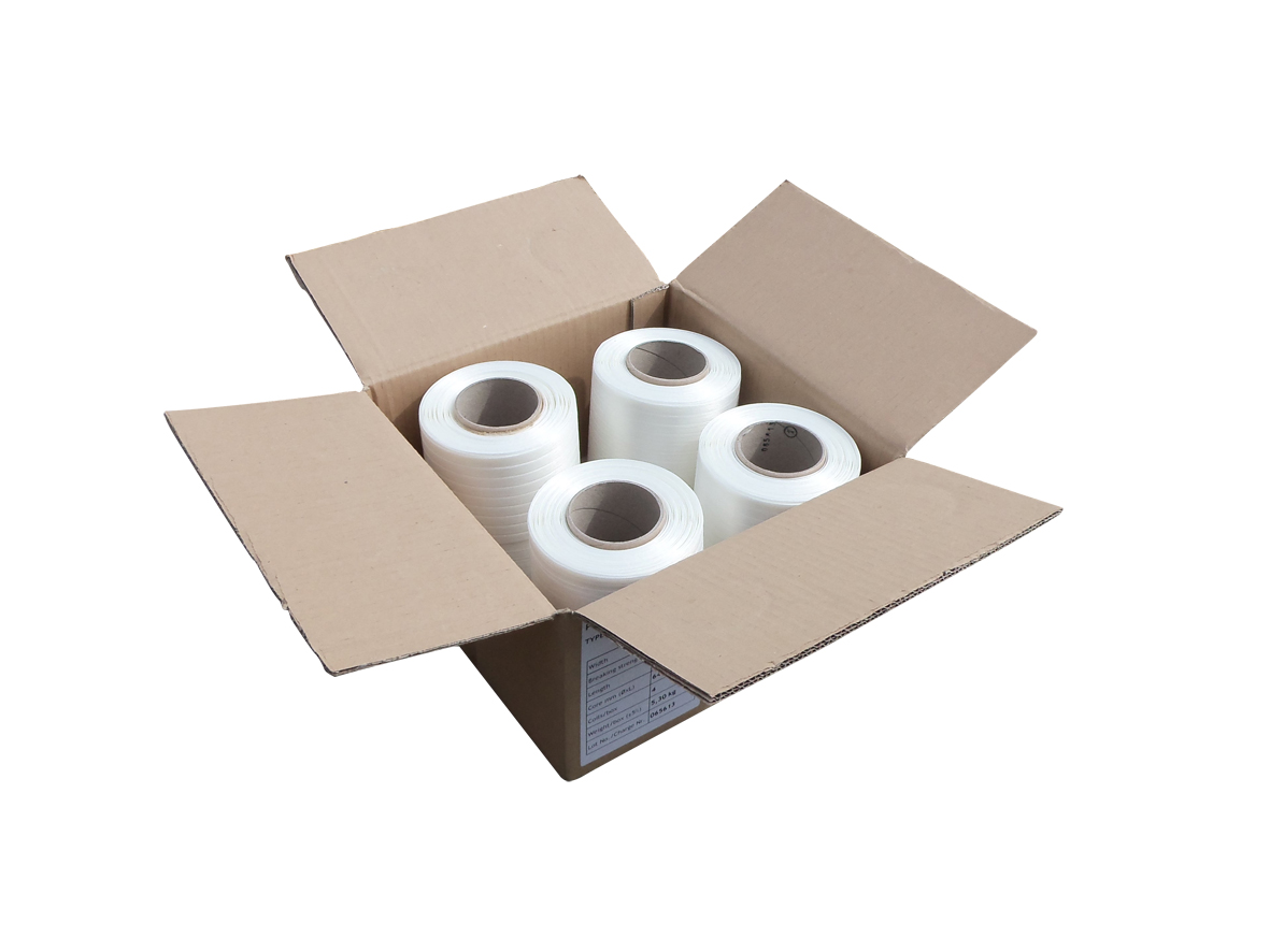 9mm wide baler strapping banding - box contains 4 x 250 metre long rolls in white